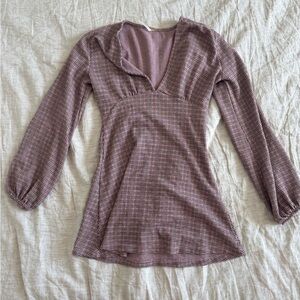 Free People V neck long sleeve mini dress in pink plaid